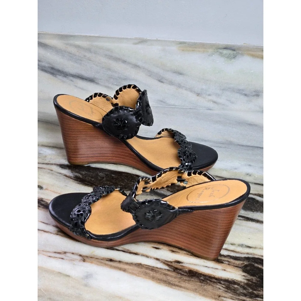 Jack Rogers‎ Womens Black Leather Whipstitched Rondelle Wedge Sandals Size 6M